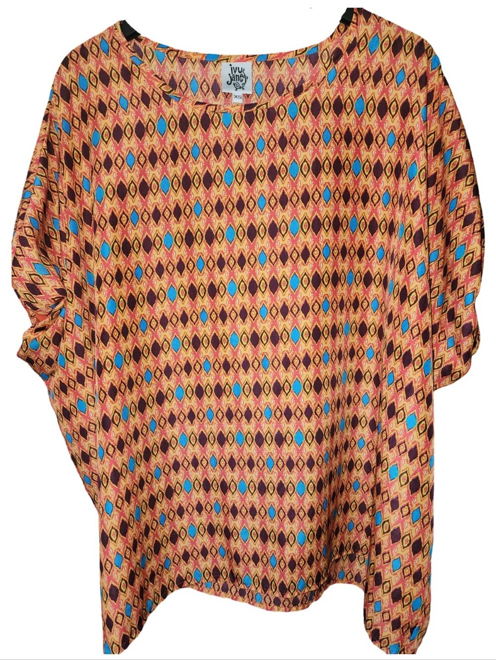 IVY JANE Geometric Diamond Print Blouse Orange Blue Scoop Neck Top